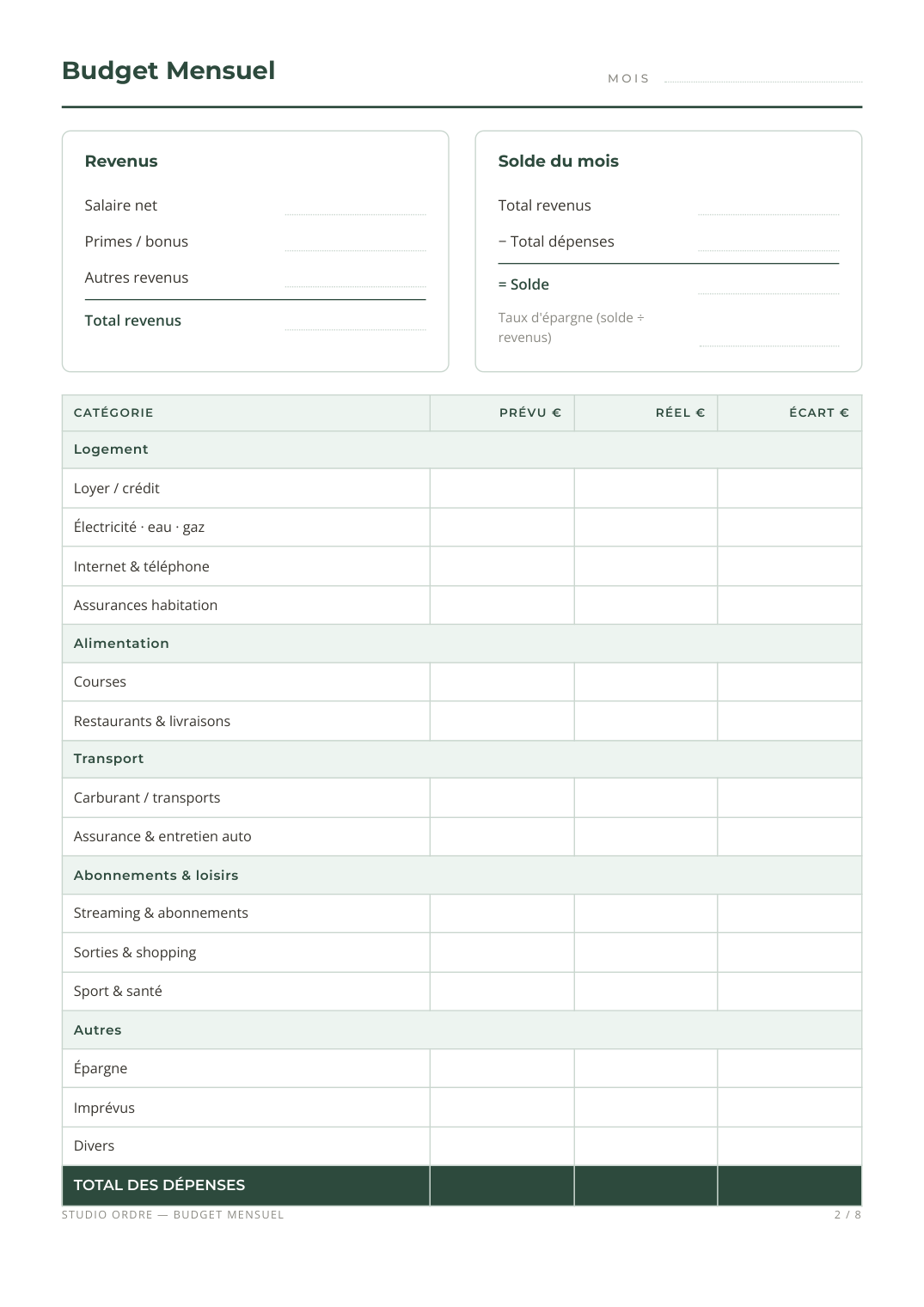 Fiche budget mensuel à imprimer