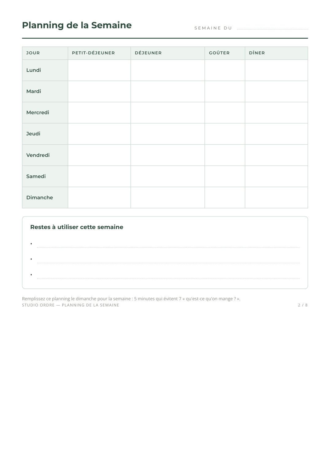 Planning des repas de la semaine