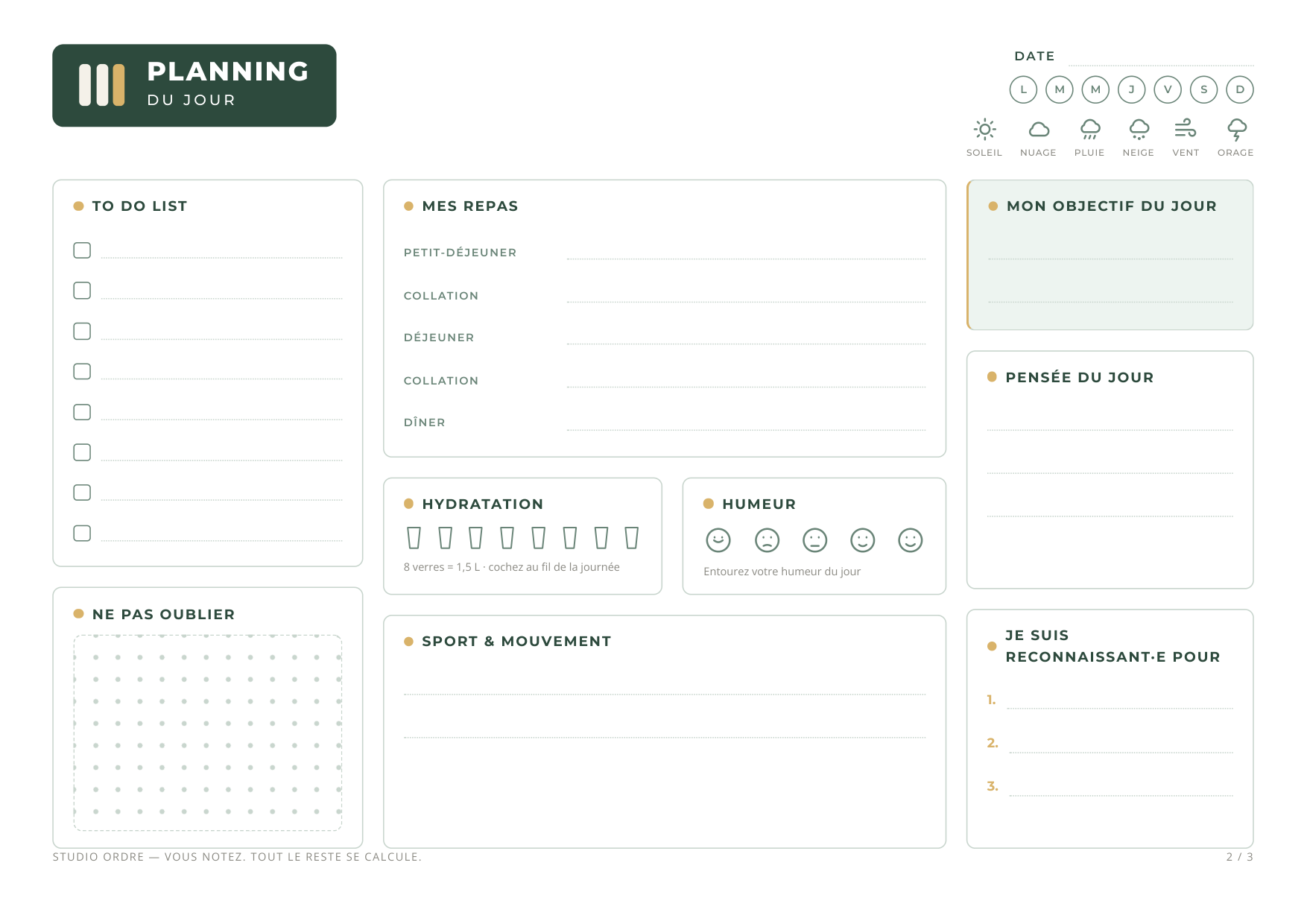 Planning du jour imprimable